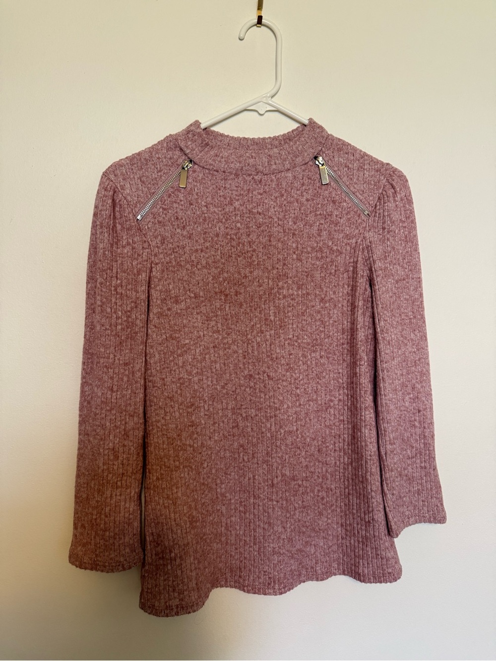 Ribbed Dusty Rose Crewneck Sweater with Shoulder Zippers